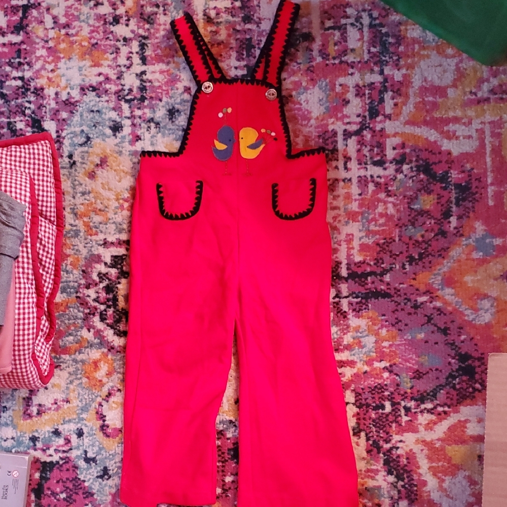 Vintage Vibrant Red Kids Overalls with Bird Embroidery